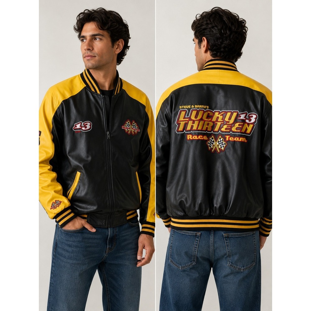 Steve & Barry's Lucky Thirteen Race Team Yellow & Black Leather Jacket XL